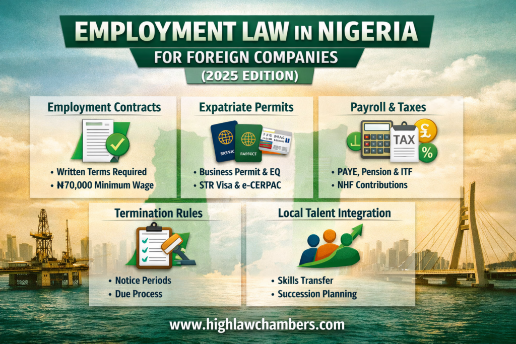 Employment law in Nigeria for foreign companies, covering hiring rules, expatriate permits, payroll compliance, and termination obligations.